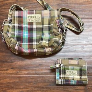 Vintage Fossil Crossbody Purse Green Plaid w/ Matching Wallet